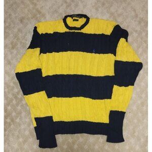Polo Ralph Lauren Cable Knit Sweater Men L Yellow Navy Blue Striped Cotton Pony